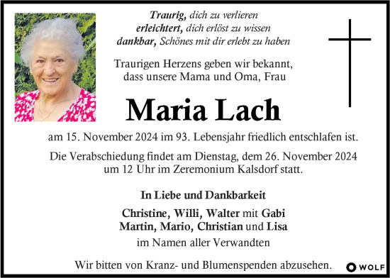 Traueranzeige von Maria Lach von Kleine Zeitung