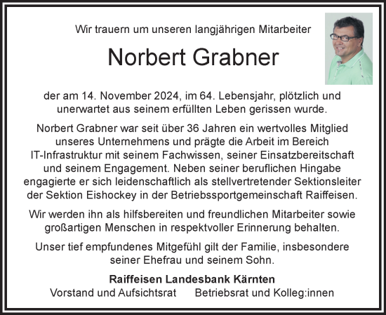 Traueranzeige von Norbert Grabner von Kleine Zeitung