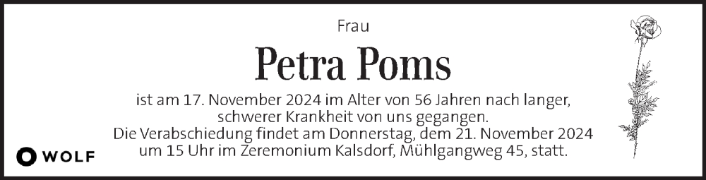  Traueranzeige für Petra Poms vom 20.11.2024 aus Kleine Zeitung