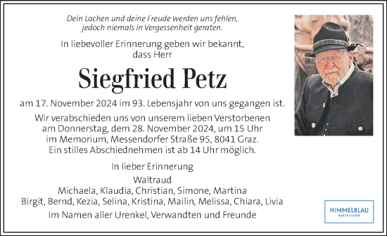 Traueranzeige von Siegfried Petz von Kleine Zeitung