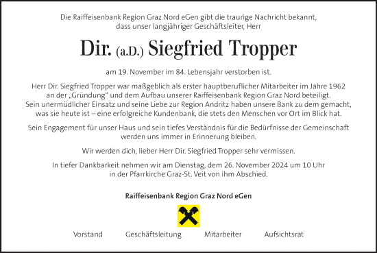 Traueranzeige von Siegfried Tropper von Kleine Zeitung