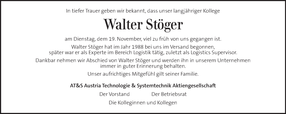  Traueranzeige für Walter Stöger vom 22.11.2024 aus Kleine Zeitung