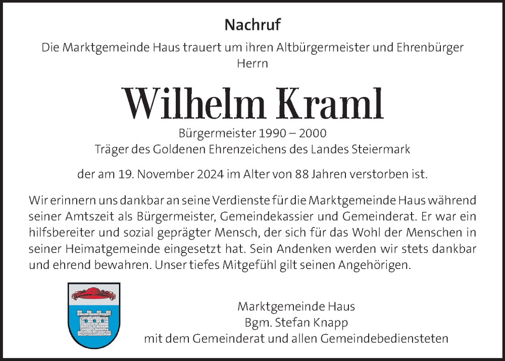  Traueranzeige für Wilhelm Kraml vom 27.11.2024 aus Kleine Zeitung