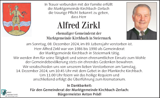 Traueranzeige von Alfred Zirkl von Kleine Zeitung