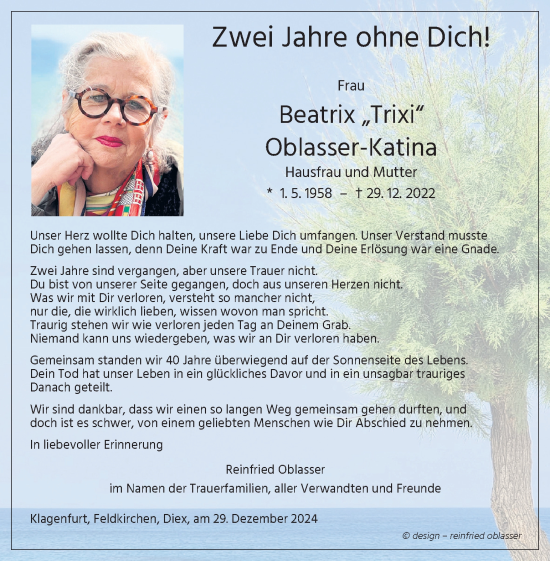 Traueranzeige von Beatrix Oblasser-Katina von Kleine Zeitung