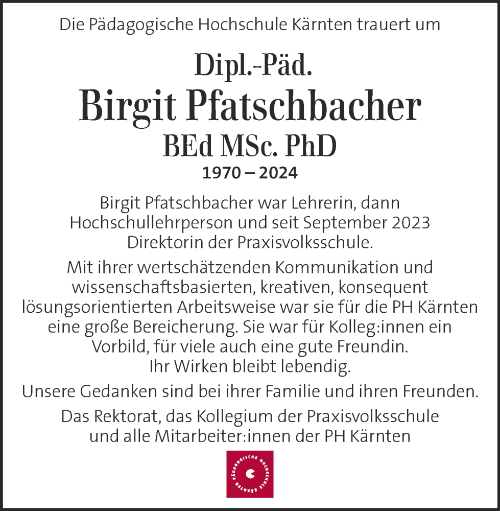  Traueranzeige für Birgit Pfatschbacher vom 20.12.2024 aus Kleine Zeitung