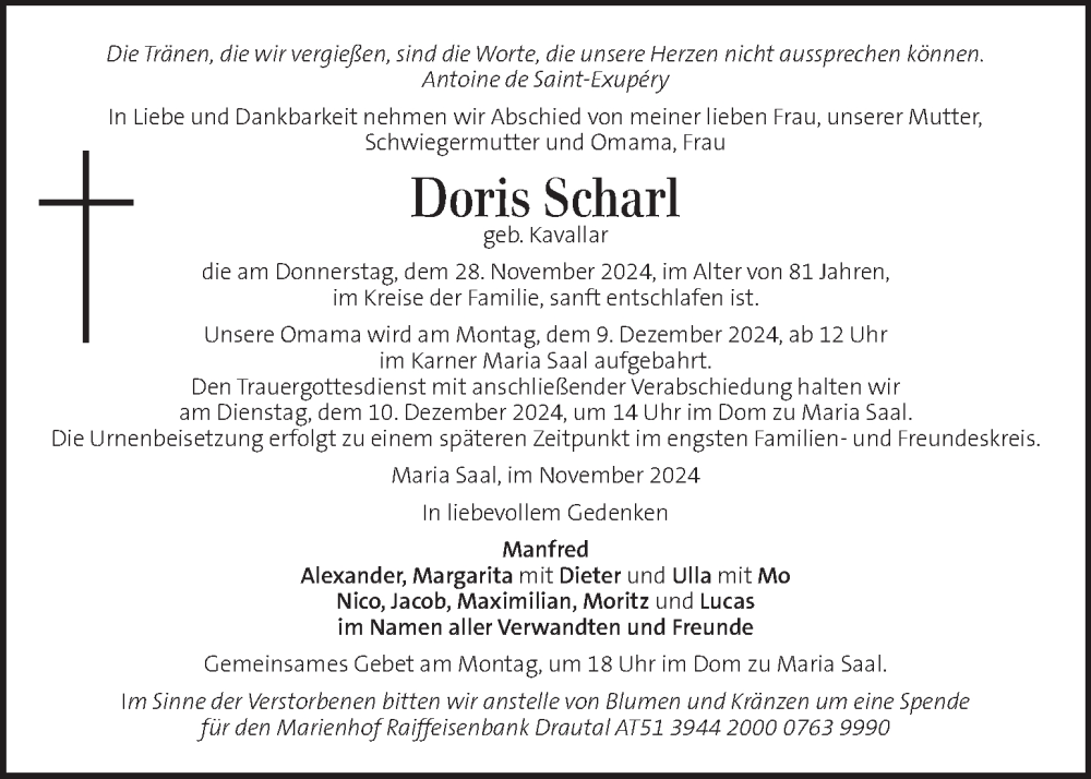  Traueranzeige für Doris Scharl vom 08.12.2024 aus Kleine Zeitung