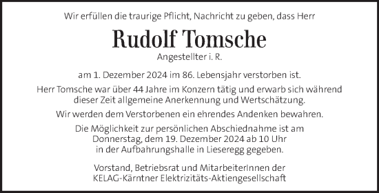 Traueranzeige von Rudolf Tomsche von Kleine Zeitung