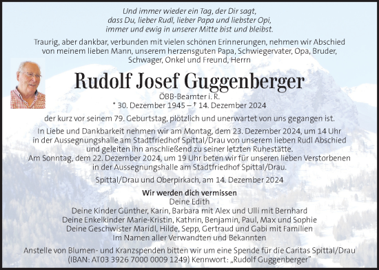 Traueranzeige von Rudolf Josef Guggenberger von Kleine Zeitung