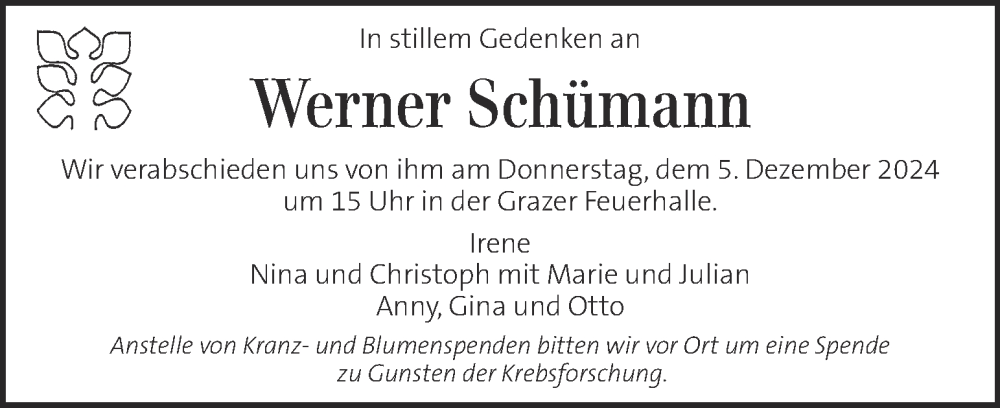  Traueranzeige für Werner Schümann vom 03.12.2024 aus Kleine Zeitung