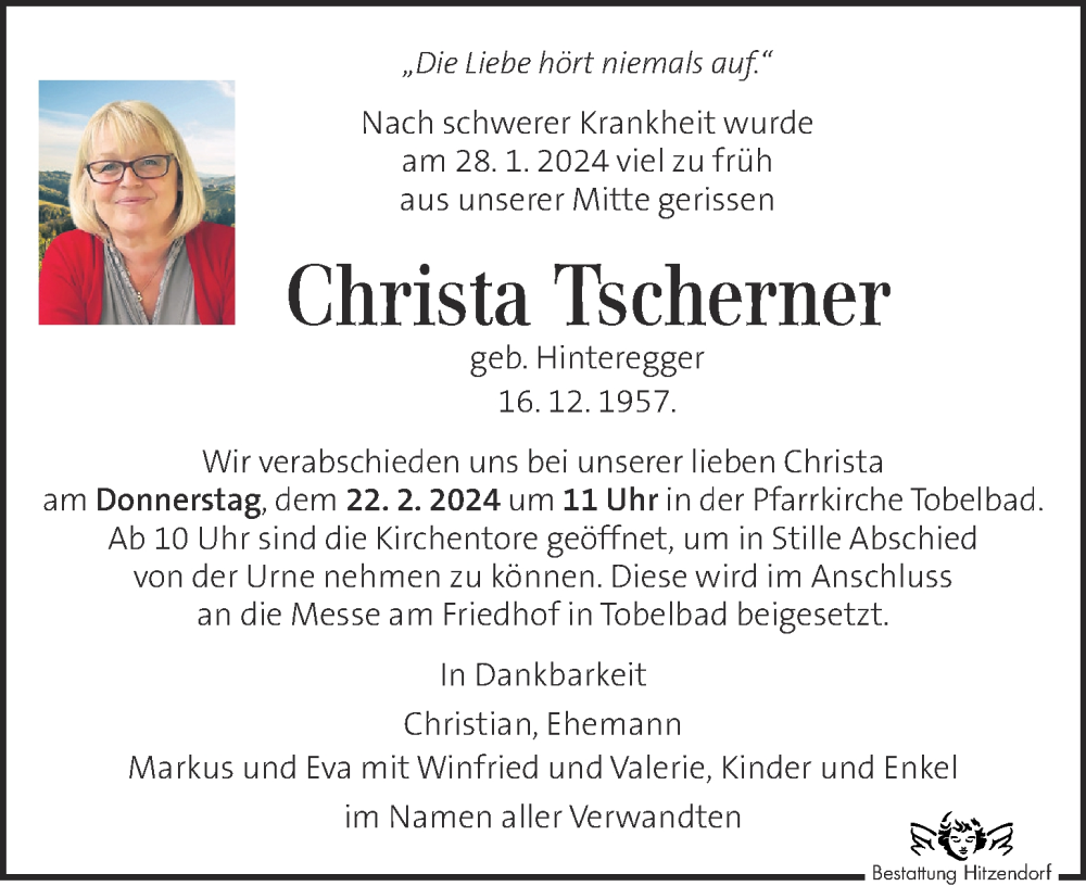  Traueranzeige für Christa Tscherner vom 16.02.2024 aus Kleine Zeitung