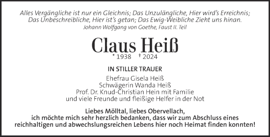Traueranzeige von Claus Heiß von Kleine Zeitung