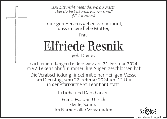 Traueranzeige von Elfriede Resnik von Kleine Zeitung