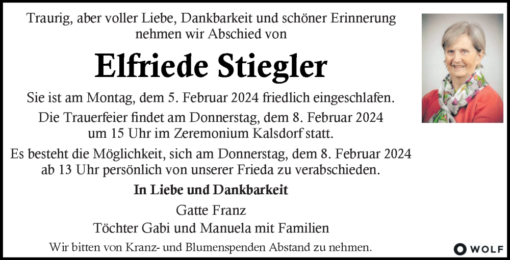  Traueranzeige für Elfriede Stiegler vom 07.02.2024 aus Kleine Zeitung