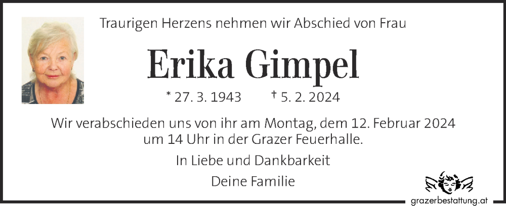  Traueranzeige für Erika Gimpel vom 09.02.2024 aus Kleine Zeitung