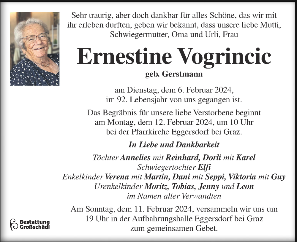  Traueranzeige für Ernestine Vogrincic vom 08.02.2024 aus Kleine Zeitung