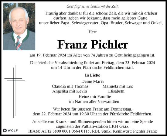 Traueranzeige von Franz Pichler von Kleine Zeitung