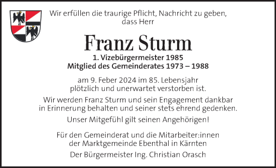 Traueranzeige von Franz Sturm von Kleine Zeitung