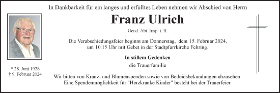 Traueranzeige von Franz Ulrich von Kleine Zeitung