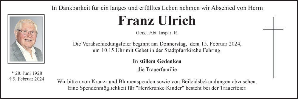  Traueranzeige für Franz Ulrich vom 13.02.2024 aus Kleine Zeitung
