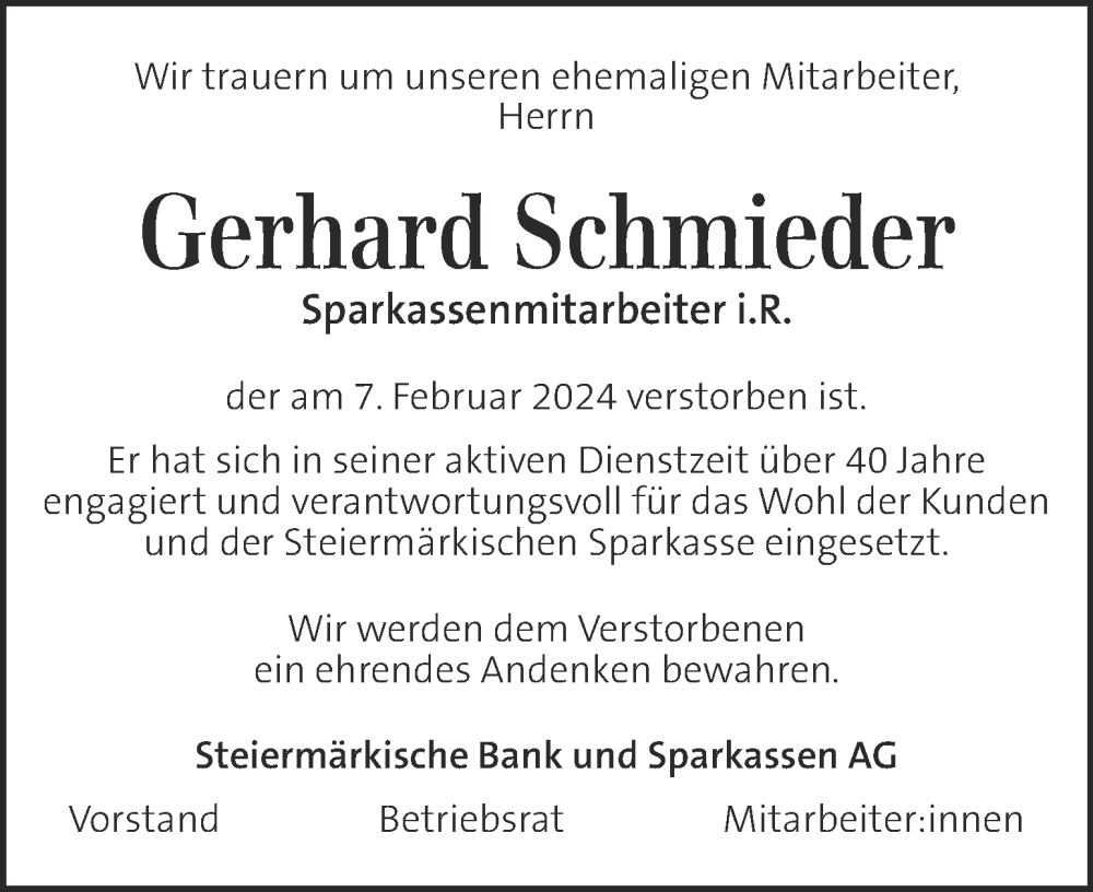  Traueranzeige für Gerhard Schmieder vom 10.02.2024 aus Kleine Zeitung