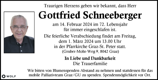 Traueranzeige von Gottfried Schneeberger von Kleine Zeitung
