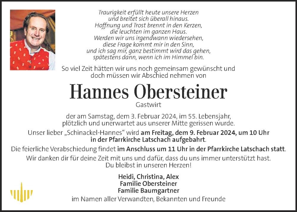  Traueranzeige für Hannes Obersteiner vom 08.02.2024 aus Kleine Zeitung