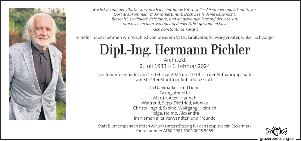  Traueranzeige für Hermann Pichler vom 09.02.2024 aus Kleine Zeitung