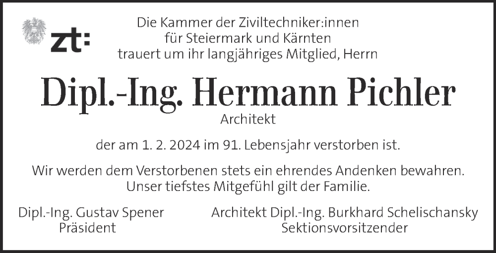  Traueranzeige für Hermann Pichler vom 09.02.2024 aus Kleine Zeitung