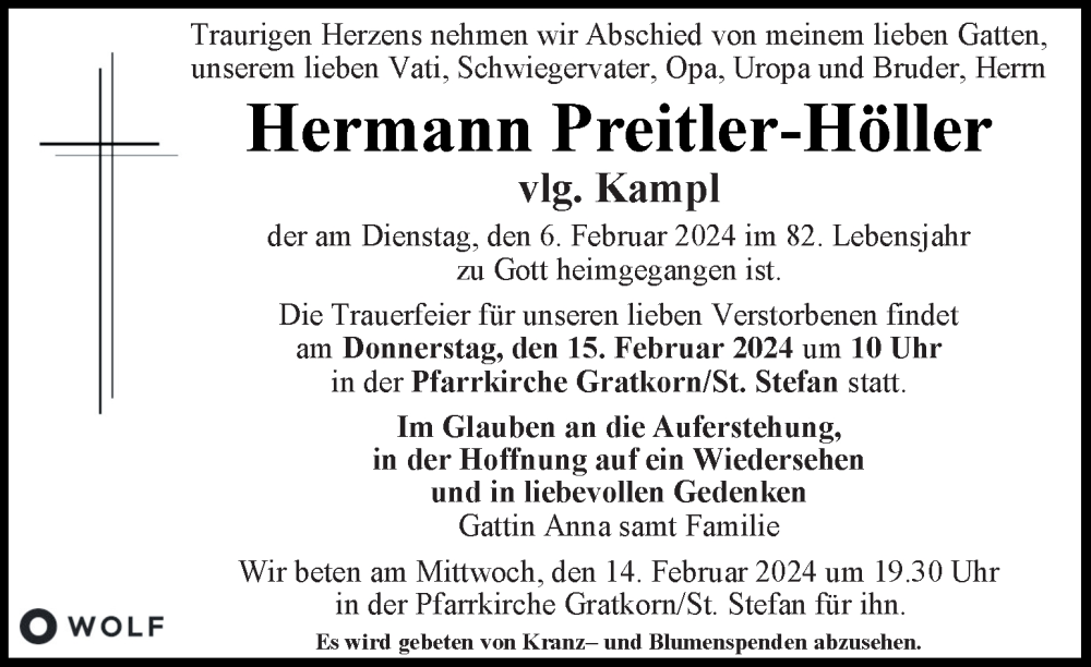  Traueranzeige für Hermann Preitler-Höller vom 11.02.2024 aus Kleine Zeitung