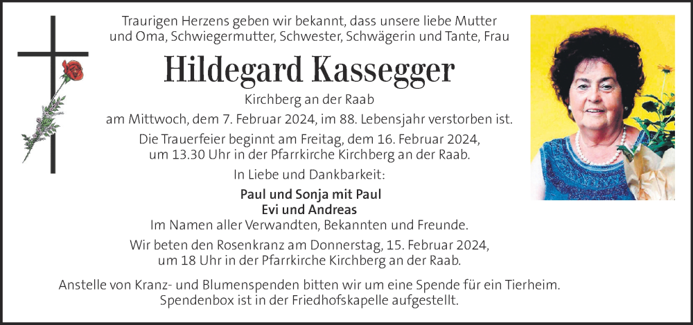  Traueranzeige für Hildegard Kassegger vom 11.02.2024 aus Kleine Zeitung