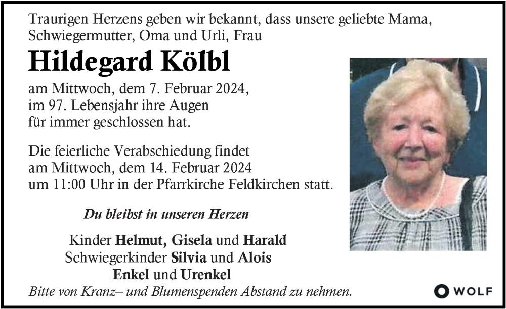  Traueranzeige für Hildegard Kölbl vom 09.02.2024 aus Kleine Zeitung