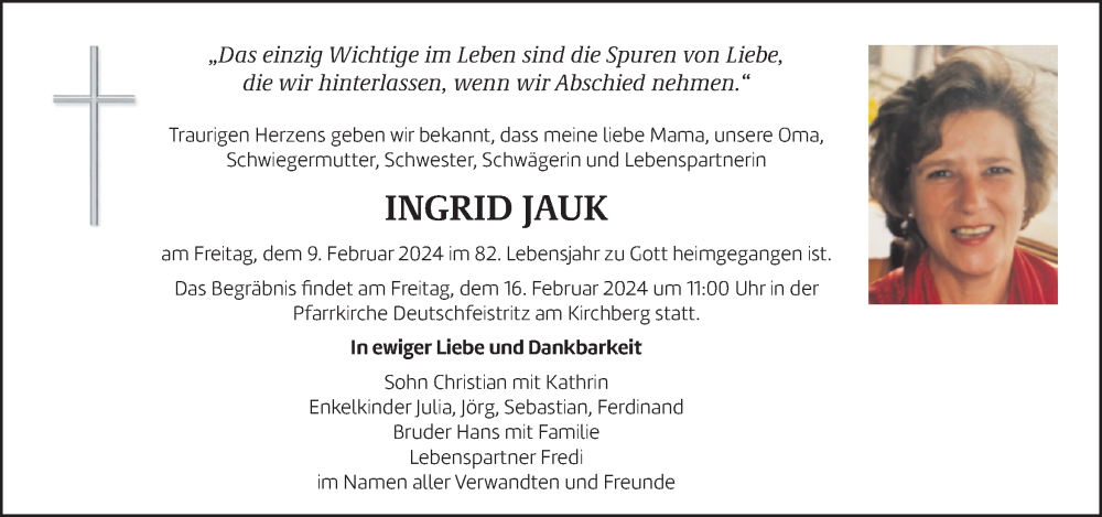  Traueranzeige für Ingrid Jauk vom 13.02.2024 aus Kleine Zeitung