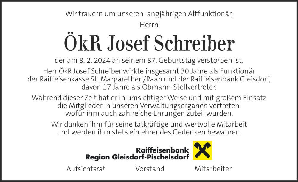  Traueranzeige für Josef Schreiber vom 10.02.2024 aus Kleine Zeitung