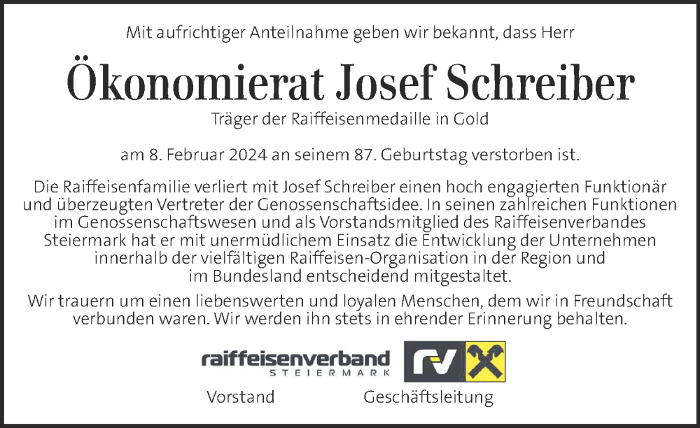  Traueranzeige für Josef Schreiber vom 16.02.2024 aus Kleine Zeitung