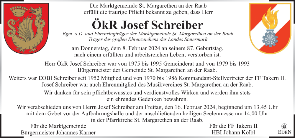  Traueranzeige für Josef Schreiber vom 14.02.2024 aus Kleine Zeitung