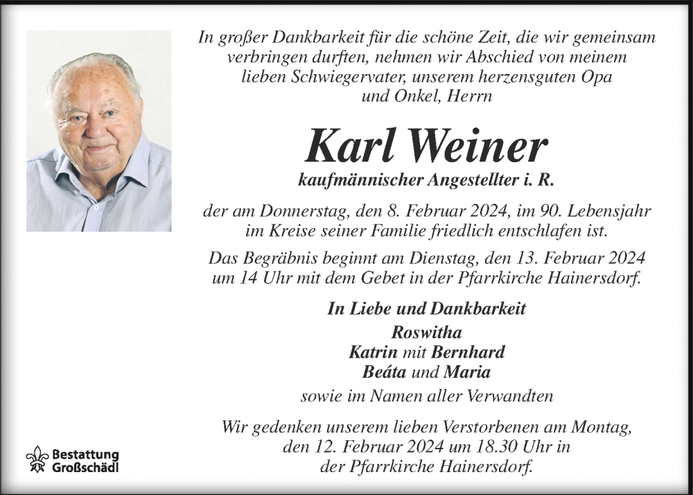  Traueranzeige für Karl Weiner vom 11.02.2024 aus Kleine Zeitung