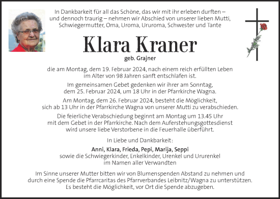 Traueranzeige von Klara Kraner von Kleine Zeitung