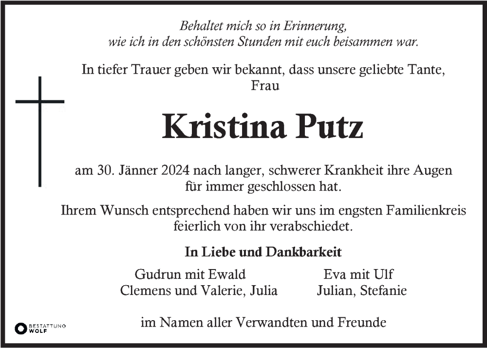  Traueranzeige für Kristina Putz vom 10.02.2024 aus Kleine Zeitung