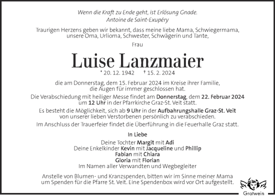 Traueranzeige von Luise Lanzmaier von Kleine Zeitung