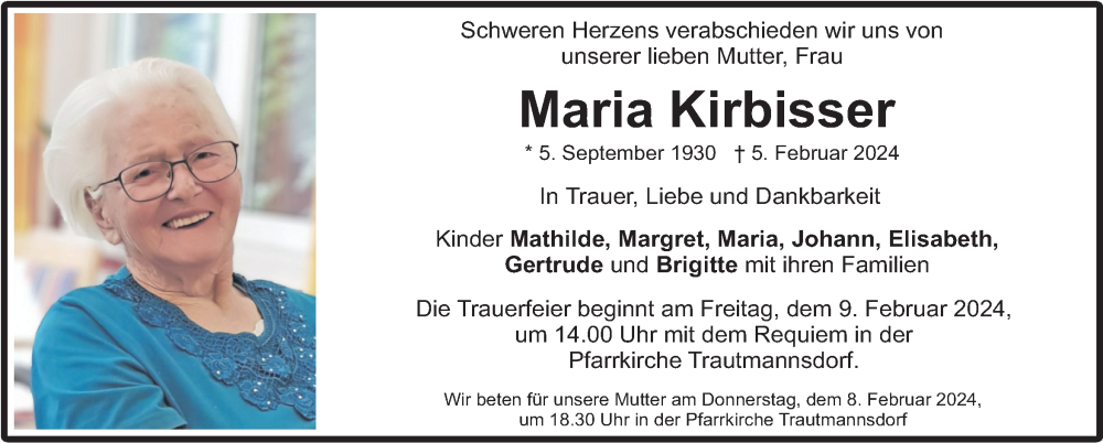  Traueranzeige für Maria Kirbisser vom 07.02.2024 aus Kleine Zeitung