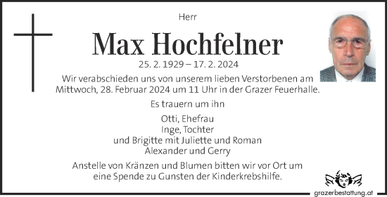 Traueranzeige von Max Hochfelner von Kleine Zeitung