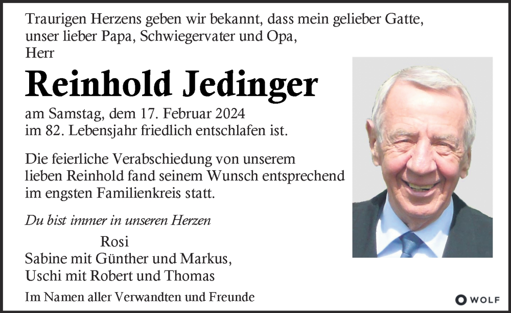  Traueranzeige für Reinhold Jedinger vom 28.02.2024 aus Kleine Zeitung