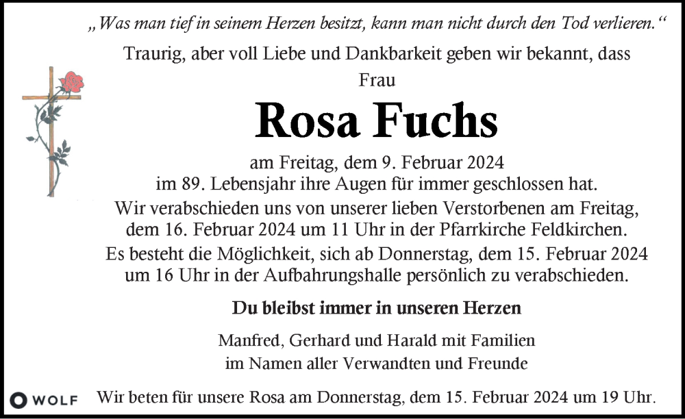  Traueranzeige für Rosa Fuchs vom 13.02.2024 aus Kleine Zeitung
