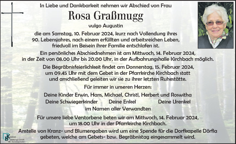  Traueranzeige für Rosa Graßmugg vom 13.02.2024 aus Kleine Zeitung
