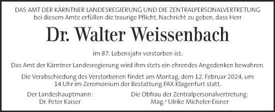 Traueranzeige von Walter Weissenbach von Kleine Zeitung