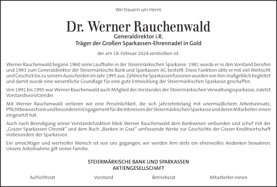 Traueranzeige von Werner Rauchenwald von Kleine Zeitung