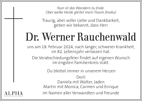 Traueranzeige von Werner Rauchenwald von Kleine Zeitung