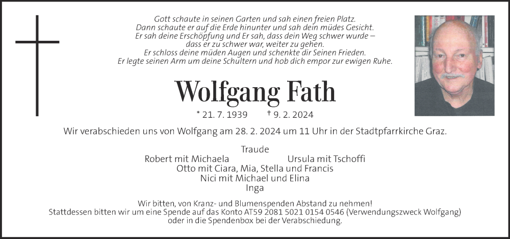  Traueranzeige für Wolfgang Fath vom 21.02.2024 aus Kleine Zeitung