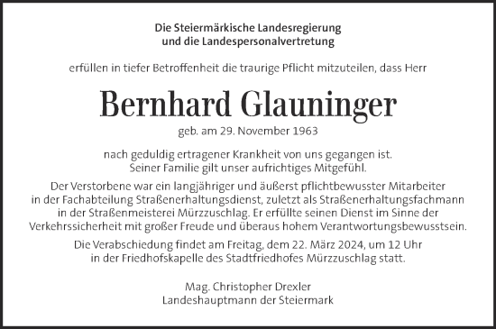Traueranzeige von Bernhard Glauninger von Kleine Zeitung